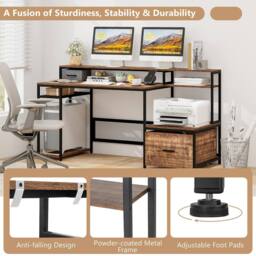Costway 170CM Computer Desk w/Monitor Stand & File Drawer Writing Desk in Brown - thumbnail 3