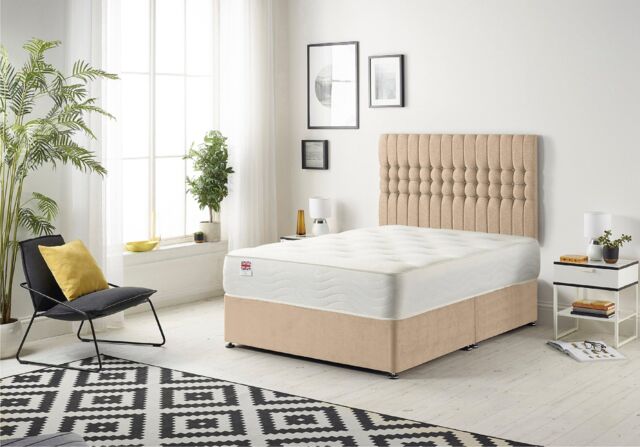 Somnior Galaxy Sprung Memory Foam Divan Bed with Headboard In Plush Fabric in Beige - Size: Single - image 1