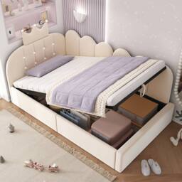 ModernLuxe Upholstered Daybed with Hydraulic Storage, Single Sofa Bed in Beige - thumbnail 1