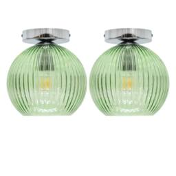 First Choice Lighting Set of 2 Betchley - Green Ribbed Glass Globe Chrome Ceiling Lights