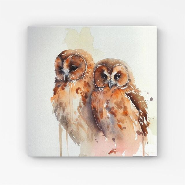 Warren Reed - Designer Loving Tawny Owls Watercolour Canvas in Brown - Size: w10 inch x h10 inch - image 1