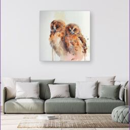 Warren Reed - Designer Loving Tawny Owls Watercolour Canvas in Brown - Size: w10 inch x h10 inch - thumbnail 4