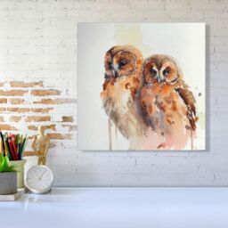 Warren Reed - Designer Loving Tawny Owls Watercolour Canvas in Brown - Size: w10 inch x h10 inch - thumbnail 2