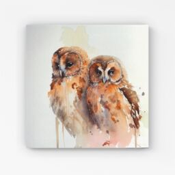 Warren Reed - Designer Loving Tawny Owls Watercolour Canvas in Brown - Size: w10 inch x h10 inch - thumbnail 1