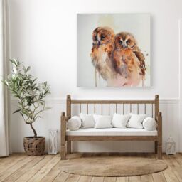 Warren Reed - Designer Loving Tawny Owls Watercolour Canvas in Brown - Size: w10 inch x h10 inch - thumbnail 3