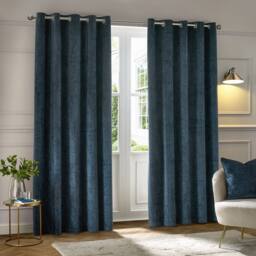 Paoletti Neptune Fully Lined Velvet Eyelet Curtain Pair in Navy - Size: 168 cm width x 229 cm drop - thumbnail 2