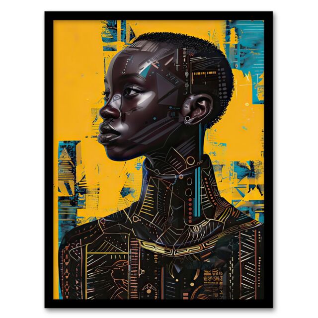 "Artery8 Futuristic Beautiful African Woman Painting Framed Art Print in Mustard - Size: W12"" x H16""" - image 1