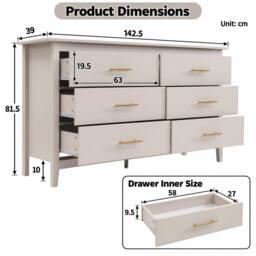 Merax 6 Drawer Chest of Drawers Wide Bedroom Storage Cabinet Modern Style in Beige - thumbnail 6