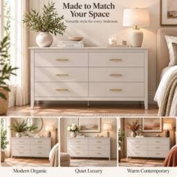 Merax 6 Drawer Chest of Drawers Wide Bedroom Storage Cabinet Modern Style in Beige - thumbnail 9