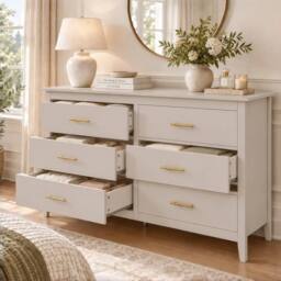 Merax 6 Drawer Chest of Drawers Wide Bedroom Storage Cabinet Modern Style in Beige - thumbnail 4