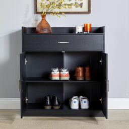 Home Source Shoe Storage Cabinet Cupboard 2 Door Hallway Organiser Compact in Black - thumbnail 7