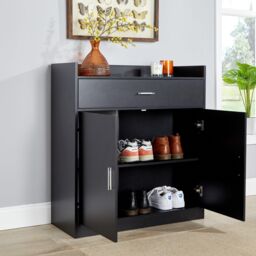 Home Source Shoe Storage Cabinet Cupboard 2 Door Hallway Organiser Compact in Black - thumbnail 2