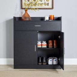 Home Source Shoe Storage Cabinet Cupboard 2 Door Hallway Organiser Compact in Black - thumbnail 8