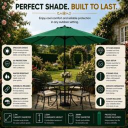 Glamhaus Green Garden Table Parasol Crank Handle Waterproof Sun Umbrella 2.7M - thumbnail 8