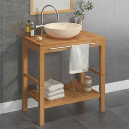 Berkfield Home Bathroom Vanity Cabinet Solid Teak with Sink Marble Cream in Brown - thumbnail 1