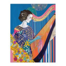"Artery8 Harpist Playing Harp Music Colourful Batik Style Wall Art Print in Blue - Size: W24"" x H32""" - thumbnail 1