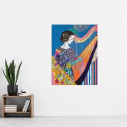 "Artery8 Harpist Playing Harp Music Colourful Batik Style Wall Art Print in Blue - Size: W24"" x H32""" - thumbnail 4