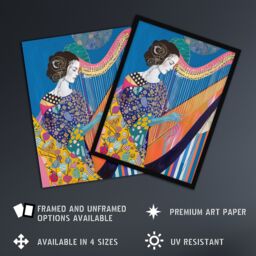 "Artery8 Harpist Playing Harp Music Colourful Batik Style Wall Art Print in Blue - Size: W24"" x H32""" - thumbnail 2