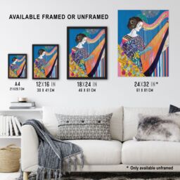 "Artery8 Harpist Playing Harp Music Colourful Batik Style Wall Art Print in Blue - Size: W24"" x H32""" - thumbnail 3