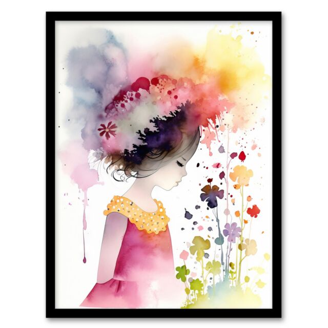 Artery8 Wall Art Print The In The Flower Meadow Watercolour Girls Bedroom Artwork Art Framed - Size: A4 - image 1