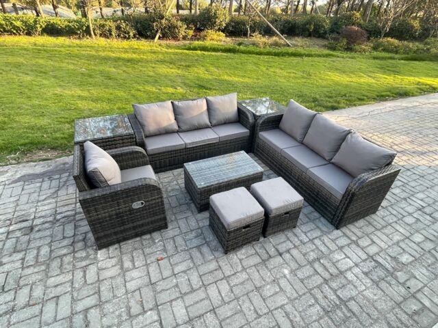 Fimous 9 Seater Rattan Lounge Sofa Set Outdoor Garden Furniture Set with Rectangular Coffee Table 3 Seater Sofa 2 Small Footstools 2 Side Tables - image 1