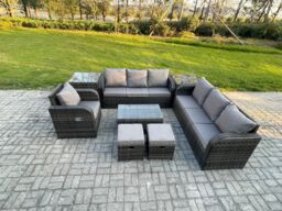 Fimous 9 Seater Rattan Lounge Sofa Set Outdoor Garden Furniture Set with Rectangular Coffee Table 3 Seater Sofa 2 Small Footstools 2 Side Tables - thumbnail 2