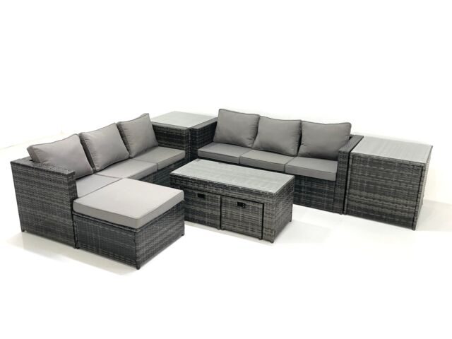 Fimous Garden Outdoor Rattan Furniture Set with Sofa Coffee table 3 Footstools 2 Side Tables Dark Grey Mixed - image 1
