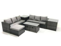 Fimous Garden Outdoor Rattan Furniture Set with Sofa Coffee table 3 Footstools 2 Side Tables Dark Grey Mixed - thumbnail 1