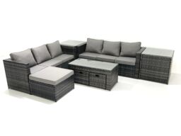 Fimous Garden Outdoor Rattan Furniture Set with Sofa Coffee table 3 Footstools 2 Side Tables Dark Grey Mixed - thumbnail 2