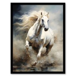 Artery8 Wild White Horse Majestic Mane Oil Painting Artwork Framed Wall Art Print A4 in Black - thumbnail 1