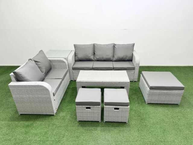 Fimous 8 Seater PE Rattan Wicker Garden Furniture Patio Conservatory Sofa Set with Oblong Coffee Table 3 Seater Sofa Love Sofa 3 Stool Side Table - image 1