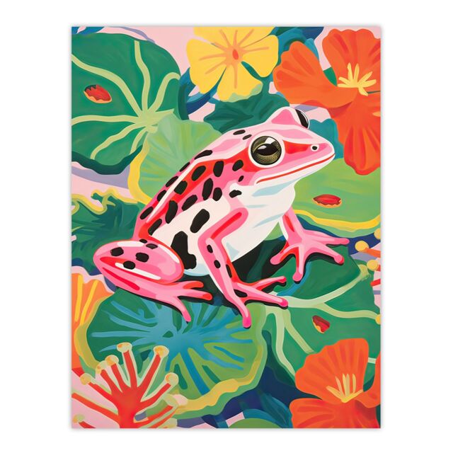 "Artery8 Wall Art Print Pink Frog on Lily Pads Vibrant Oil Painting Pond with Amphibian & Blooming Flowers Poster - Size: W18"" x H24""" - image 1