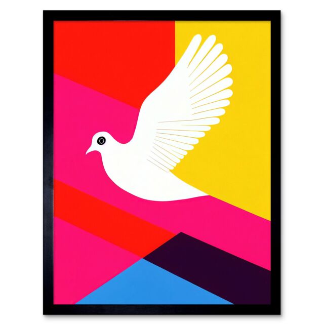 "Artery8 Wall Art Print White Peace Dove Vibrant Colourful Geometric Multi Colour Graphic Design Art Framed in Black - Size: W12"" x H16""" - image 1