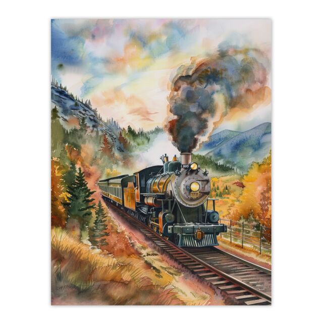 "Artery8 Locomotive Train Passing Through Autumn Forest Wall Art Print - Size: W12"" x H16""" - image 1