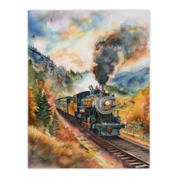 "Artery8 Locomotive Train Passing Through Autumn Forest Wall Art Print - Size: W12"" x H16""" - thumbnail 1