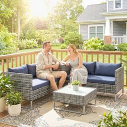 OUTSUNNY Rattan Garden Furniture Set with Storage Table, Cushions, Dark Blue - thumbnail 1