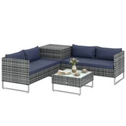 OUTSUNNY Rattan Garden Furniture Set with Storage Table, Cushions, Dark Blue - thumbnail 2