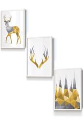 ARTZE Geometric Yellow Grey Stags Set Framed Wall Art - Small in White - Size: W33 cm x H45 cm x D20mm