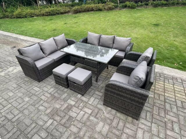 Fimous 10 Seater Rattan Garden Furniture Set Reclining Chair Lounge 3 Seater Sofa Set Rectangular Dining Table Stools in Dark Grey - image 1