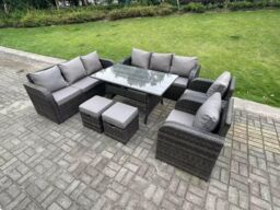 Fimous 10 Seater Rattan Garden Furniture Set Reclining Chair Lounge 3 Seater Sofa Set Rectangular Dining Table Stools in Dark Grey - thumbnail 1