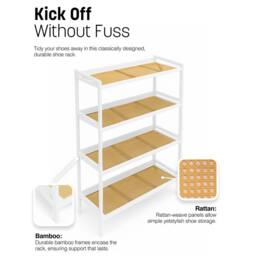 Keplin 4 Tier Bamboo & Rattan Shoe Organiser Rack - Durable, Easy Assembly in White - thumbnail 6