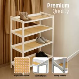 Keplin 4 Tier Bamboo & Rattan Shoe Organiser Rack - Durable, Easy Assembly in White - thumbnail 4