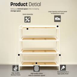 Keplin 4 Tier Bamboo & Rattan Shoe Organiser Rack - Durable, Easy Assembly in White - thumbnail 5