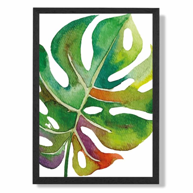 ARTZE Monstera Leaf Abstract Watercolour Botanical Framed Print SIZE: A2 with Black Frame in Green - Size: A3 - image 1