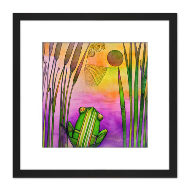 Artery8 Frog Watching the Sunset Pond Reeds Purple Pink Green Watercolour Painting Square Wooden Framed Wall Art Print Picture 8X8 Inch in Black - image 1