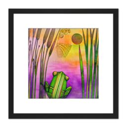 Artery8 Frog Watching the Sunset Pond Reeds Purple Pink Green Watercolour Painting Square Wooden Framed Wall Art Print Picture 8X8 Inch in Black - thumbnail 1