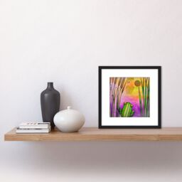 Artery8 Frog Watching the Sunset Pond Reeds Purple Pink Green Watercolour Painting Square Wooden Framed Wall Art Print Picture 8X8 Inch in Black - thumbnail 2