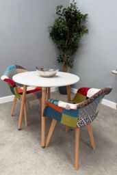 Life Interiors Patchwork Halo Dining Set for 2 - a Round Dining Table & Set of 2 Fabric Dining Chairs with Armrests in White - thumbnail 1