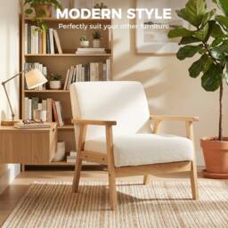 HOMCOM Accent Chair with Wood Frame Wide Seat Sherpa Fleece Armchair Cream in White - thumbnail 4