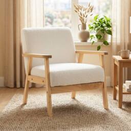 HOMCOM Accent Chair with Wood Frame Wide Seat Sherpa Fleece Armchair Cream in White - thumbnail 2